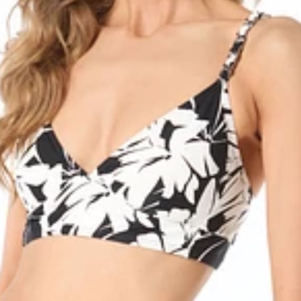 Michael Michael Kors Black White Palm Print Chain Strap Bikini Top XS MM7Q340‎